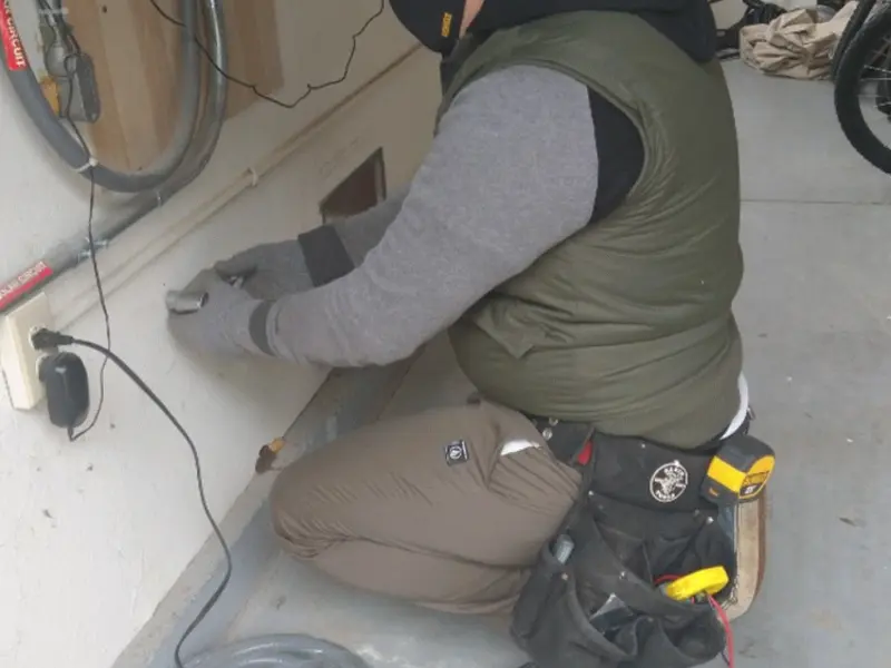 Electrician performing outlet wiring in a Roselle Park garage